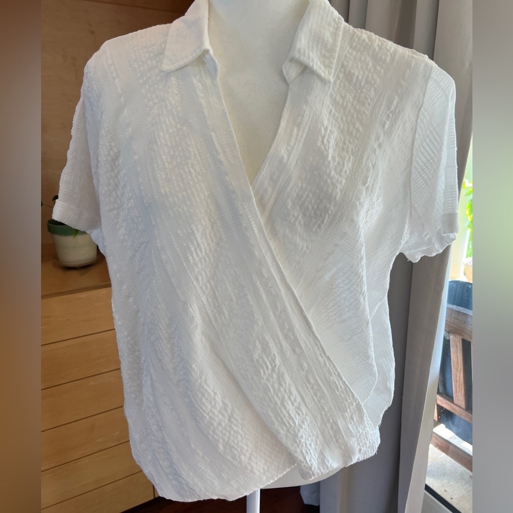 White, sheer shirt. Jodifl, size medium. Faux wrap… pretty!